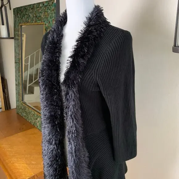 Vintage Lauren Michelle Black Ribbed Knit Cardigan Faux Fur Size L Soft & Cozy - Picture 4 of 9